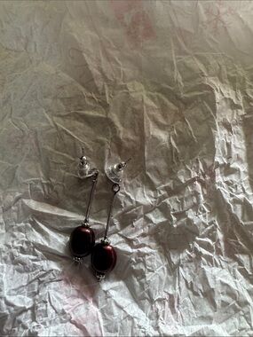 Handcrafted Silver Drop Earrings with Deep Maroon Beads